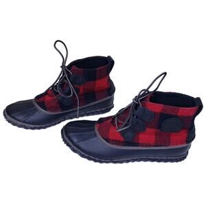 SOREL Out N About Buffalo Plaid Waterproof Duck Boots Women's Size 6 Red & Black